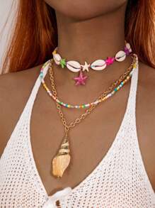 Conjunto de 3 colares estilo boho com contas de concha, estrela do mar e resina, presente perfeito para festas de viagem na praia, adequado para primavera e verão (contagens e tamanhos variados de contas, cores aleatórias)