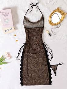 2pcs Sexy Lingerie High Slit Mesh Leopard Print Camisole Nightgown - Multicolor - View 7