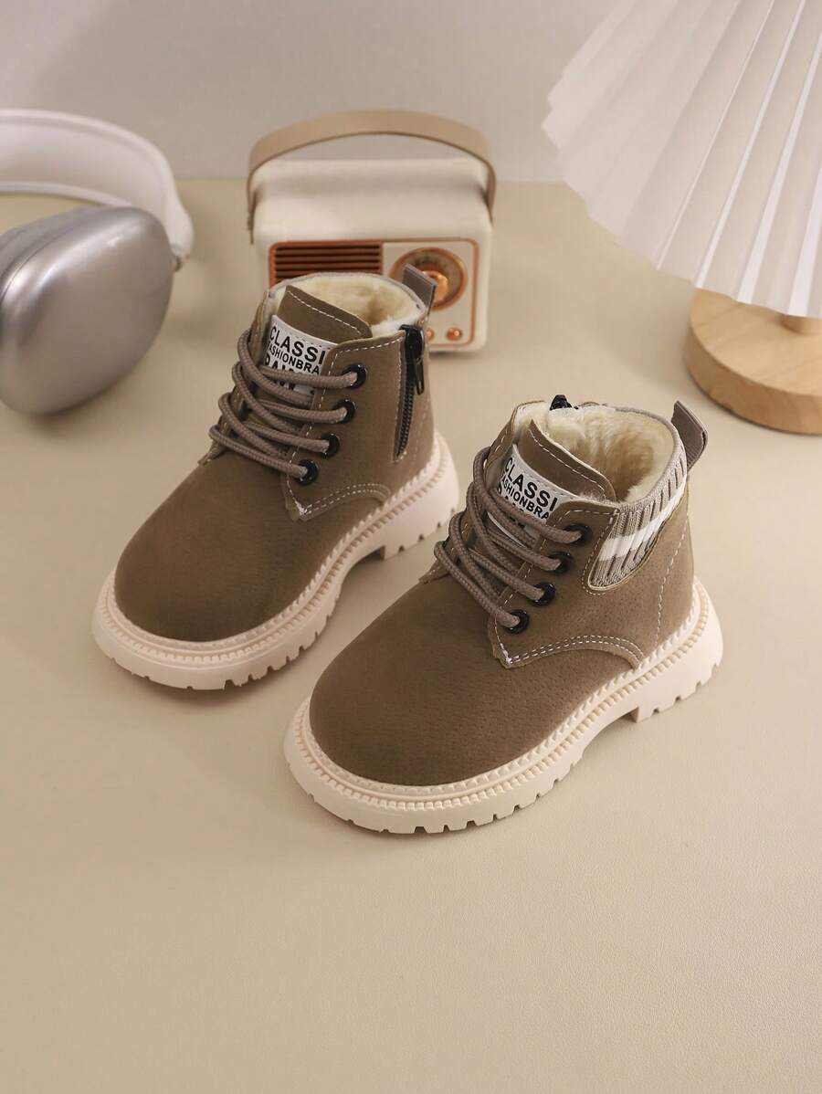 A Pair Of Children's Snow Boots For Autumn And Winter, New Lace Up Zipper Design, Thick And Warm, Lightweight And Fashionable Outdoor Snow Boots - Grey - View 1