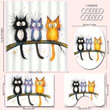 4 Stücke süße Cartoon Katzen Badezimmer Duschvorhang Set, beinhaltet Badematte, U-förmiger Toilettendeckel, wasserdichter Duschvorhang, modische Vorhangpaneele für Badezimmerdekoration, moderner Stil, keine Bohrung erforderlich, maschinenwaschbares Badezimmerzubehör für den Schulanfang