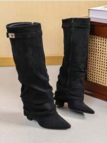 Slip-On Knee-High Boots With Chunky Heels, Minimalist And Versatile Pointed Toe, High Shaft, Women's Sexy Lady Rider Boots - Black - View 2