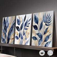 3pcs Frameless Canvas Blue Botanical Prints, Abstract Printed Wall Art, Modern Living Room Wall Decor, Blue Leaves Bedroom Posters, Hallway Prints, Modern Art Decoration,Home Decor Living Room,Wall Decor,Decoration Maison
