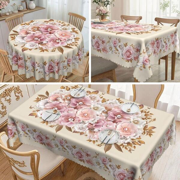 1pc Elegant Marble 3D Floral Print Round/Rectangular Tablecloth, Pink & White Flower, Luxurious Pearl Pattern Round/Rectangular Decorative Tablecloth, Party Decor, Home Kitchen Dining Table Cover, Indoor Outdoor Use, Home Decor, Holiday Gift For Family & Friends