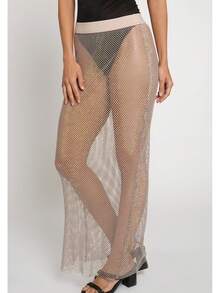 SANS SOUCI RHINESTONE MESH SKIRT  Plain    Party  Sexy    Polyester    Sheer  Rhinestone    SKIRT  Night Out  Holiday  Stage & Concert    ALL SEASON - 米色 - 查看 2