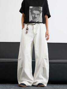 1 Stück japanische minimalistische Patchwork-Nieten-Waschung Herren Loose Fit Weite Bein Lässig Jeans Hose (ohne Gürtel & Zubehör)