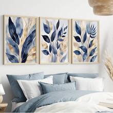 3pcs Frameless Canvas Blue Botanical Prints, Abstract Printed Wall Art, Modern Living Room Wall Decor, Blue Leaves Bedroom Posters, Hallway Prints, Modern Art Decoration,Home Decor Living Room,Wall Decor,Decoration Maison