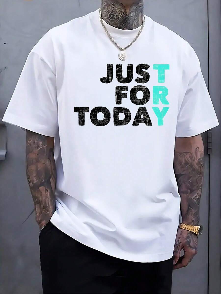 Men's Casual Just Try Today Graphic Tee - White Crew Neck Short Sleeve T-Shirt, Lightweight & Breathable For Summer, Machine Washable, Regular Fit, Summer Casual Wear  Motivatio