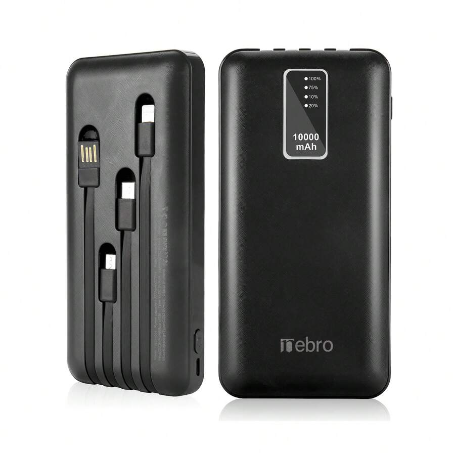 nebro power bank bateria portatil 10000mah con built in 4cable  portable battery charger withios type-c usb micro charging cables portable fast charging externa batterypack 3.7v10000mah battery charger - Negro - Ver 1