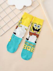 SPONGEBOB 1 Pair Unisex Funny Personalized Cute Multicolor Jacquard SpongeBob Happy Face Letter Contrast Color Pattern Crew Socks, Sports Style, All Season, European Size, Comfortable Breathable Durable, Vibrant Colors, Suitable For Daily Wear, Premium Fabric, Non-Sweat