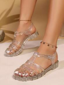 女士罗马平底凉鞋，夏季透气镂空设计，休闲果冻鞋，适合海滩和户外活动，尺码偏小一码