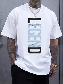 Men's Casual LEGEND Print Crew Neck Short Sleeve T-Shirt - Black With Blue Lettering, Lightweight Polyester Blend - White - View 1