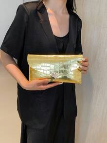 2026 时尚多彩极简信封手拿包，鳄鱼纹亮片夜店风信封包，女士款 - 金色 - 查看 3