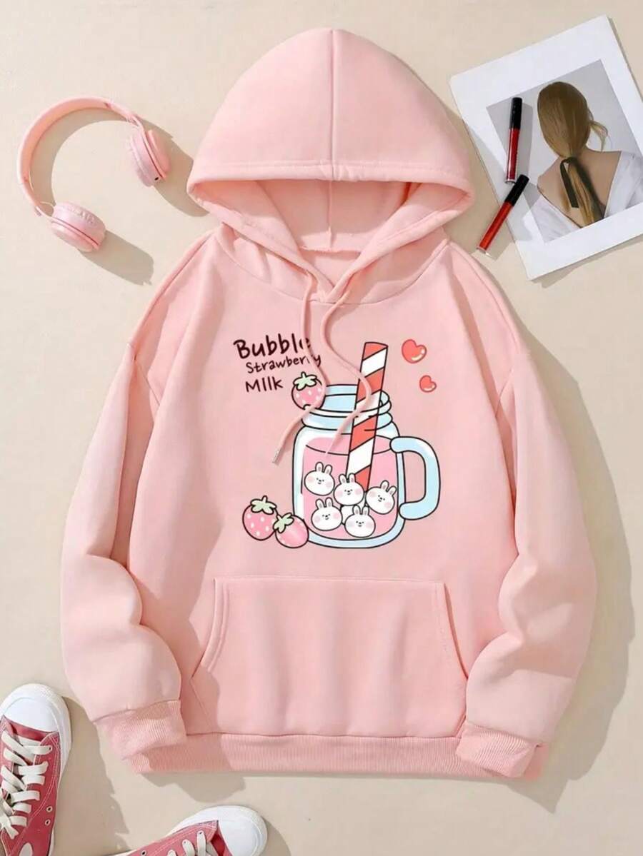 Women's  Flannel Sweatshirt With Cute Cartoon Print, Casual Winter Model For All Occasions - 淺粉色 - 查看 1