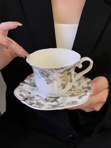 1 Set Hand-Painted Ink Flower Gold-Rimmed Ceramic Cup And Saucer Set, Vintage Style Coffee Cup And Saucer Set, Retro Ink Flower Gold-Rimmed Afternoon Tea Cup And Saucer Set, Suitable For Restaurant, Living Room, Cafe - Multicolor - View 3