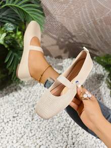 Princess Shoes Casual Spring Summer Strap Knit Square Toe Mary Jane Flats - Beige - View 1
