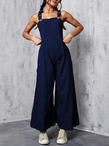 Overall mujer dama casual azul denim ancho cómodo vintage tirantes botones metalicos bolsillos relajado verano otoño libertad movimiento jumpsuit mono - Azul Marino - Ver 1