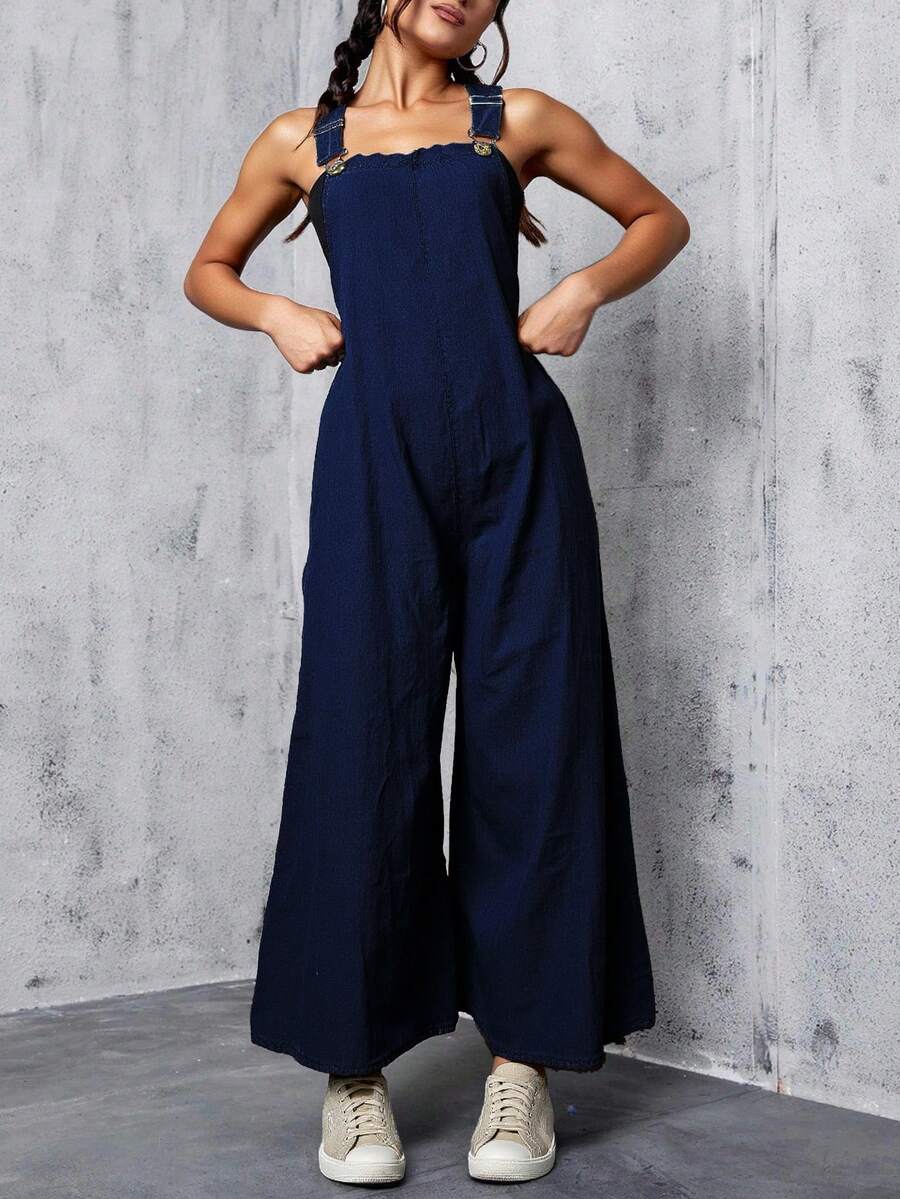 Overall mujer dama casual azul denim ancho cómodo vintage tirantes botones metalicos bolsillos relajado verano otoño libertad movimiento jumpsuit mono - Azul Marino - Ver 1