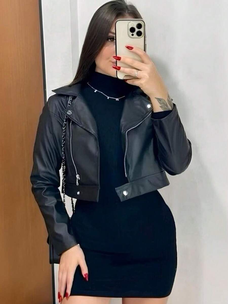 Stylish Leather Jacket With Zipper And Button - 黑色 - 查看 1
