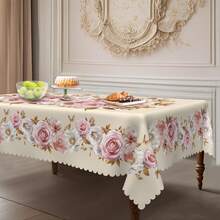 1pc Elegant Marble 3D Floral Print Round/Rectangular Tablecloth, Pink & White Flower, Luxurious Pearl Pattern Round/Rectangular Decorative Tablecloth, Party Decor, Home Kitchen Dining Table Cover, Indoor Outdoor Use, Home Decor, Holiday Gift For Family & Friends