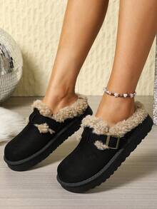 1 par de pantuflas estilo bohemio de unicolor, casuales, neutras, tipo universitario y para ir a la escuela, con adorno de tela y piel sintética, aptas para usar dentro y fuera, para el invierno