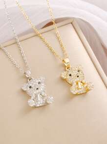 1pc Sweet Cute Iced Out Cubic Zirconia Bear Pendant Stainless Steel Necklace For Teen Girls Fashion Winter Holiday Party Christmas Decor Jewelry For Daily Life