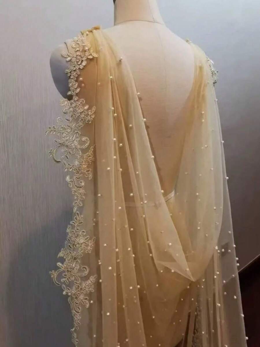 欧美新娘蕾丝手工串珠珍珠新娘婚纱，配有可拆卸拖尾和肩披，适合女性的百搭秋季服装 - 香檳色 - 查看 1