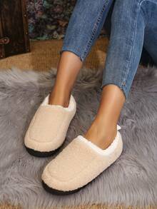 Dép lông cừu mềm mại ấm áp dễ thương cho nữ, giày lười đi trong nhà chống trượt êm ái, mũi kín, mùa đông, dép bông mềm mại - Màu be - Xem 5