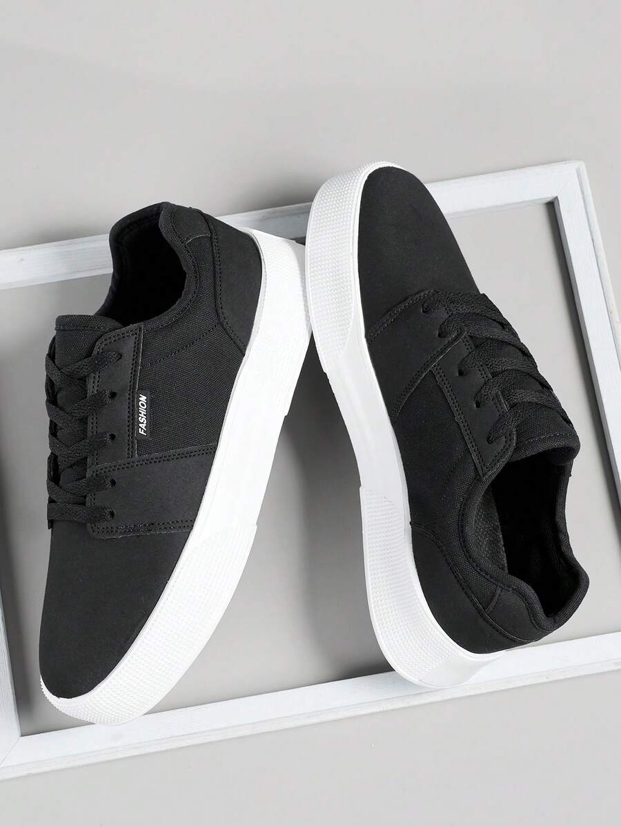 运动鞋男士时尚高端简约纯色系带休闲运动鞋，百搭日常户外通勤舒适步行鞋 - 黑色 - 查看 1