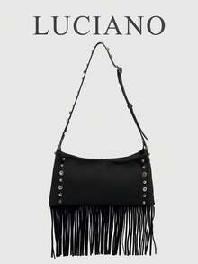 新款时尚春夏百搭铆钉流苏小众设计朋克西部街头波西米亚风单肩包斜挎包度假旅行黑色 - 黑色 - 查看 1