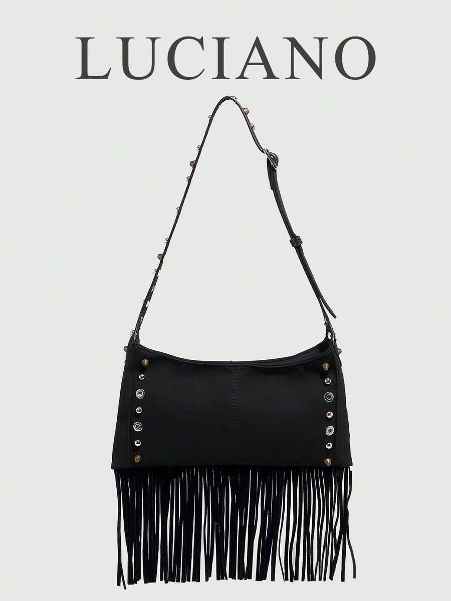 新款时尚春夏百搭铆钉流苏小众设计朋克西部街头波西米亚风单肩包斜挎包度假旅行黑色 - 黑色 - 查看 1