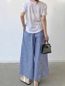 2025新款黑白格子高腰宽松抽绳休闲女裤 - 深色水洗藍 - 查看 4