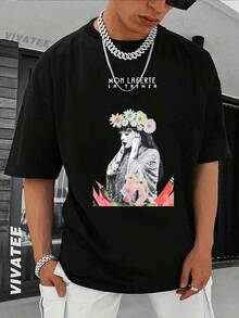 Pure Color T-Shirt with Floral Portrait Print MON LAFERTE - Casual Daily Wear, 100% Cotton Unisex Design, Perfect for Summer 2025, Ideal Gift for Everyday Use |  Style - Negro - Ver 2