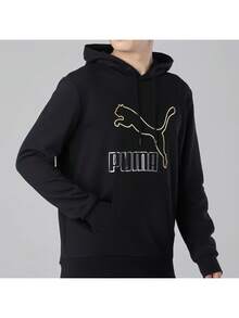 Puma Men's Knitted Loose Long-Sleeved Cotton Hooded Collar Sports Pullover With Gold Label Large LOGO - Black - View 5