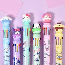 Sanrio 6pcs Sanrio 10-Color Ballpoint Pens, Multi-Color Push Button Pens, Markers, Cartoon Cute Colorful Pens, Student Writing Gel Pens, School & Office Supplies, Student Stationery Highlighters, Back To School Supplies