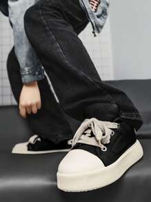 Tênis masculino vintage preto, sola grossa, versátil, moderno, esportivo, calçado para skate casual, masculino, calçado para jovens