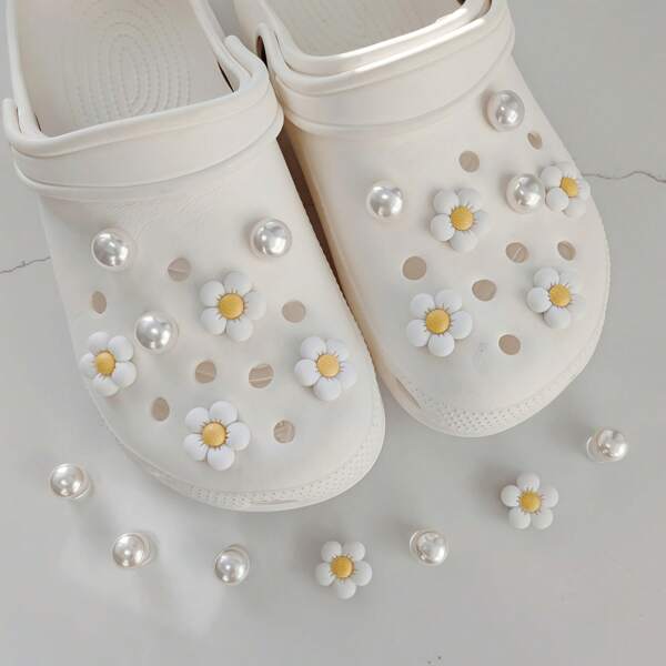 7 Pieces /14 Pieces Of Pearl Flower Shoes, Decorated With ABS DIY, Suitable For Clogs, Sandals And Hole Shoes, Suitable For Valentine's Day, Easter, Carnival, Christmas-Party And Dance Accessories.