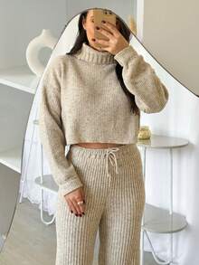 Mousse Tricot High Neck Pant Set - 米色 - 查看 1
