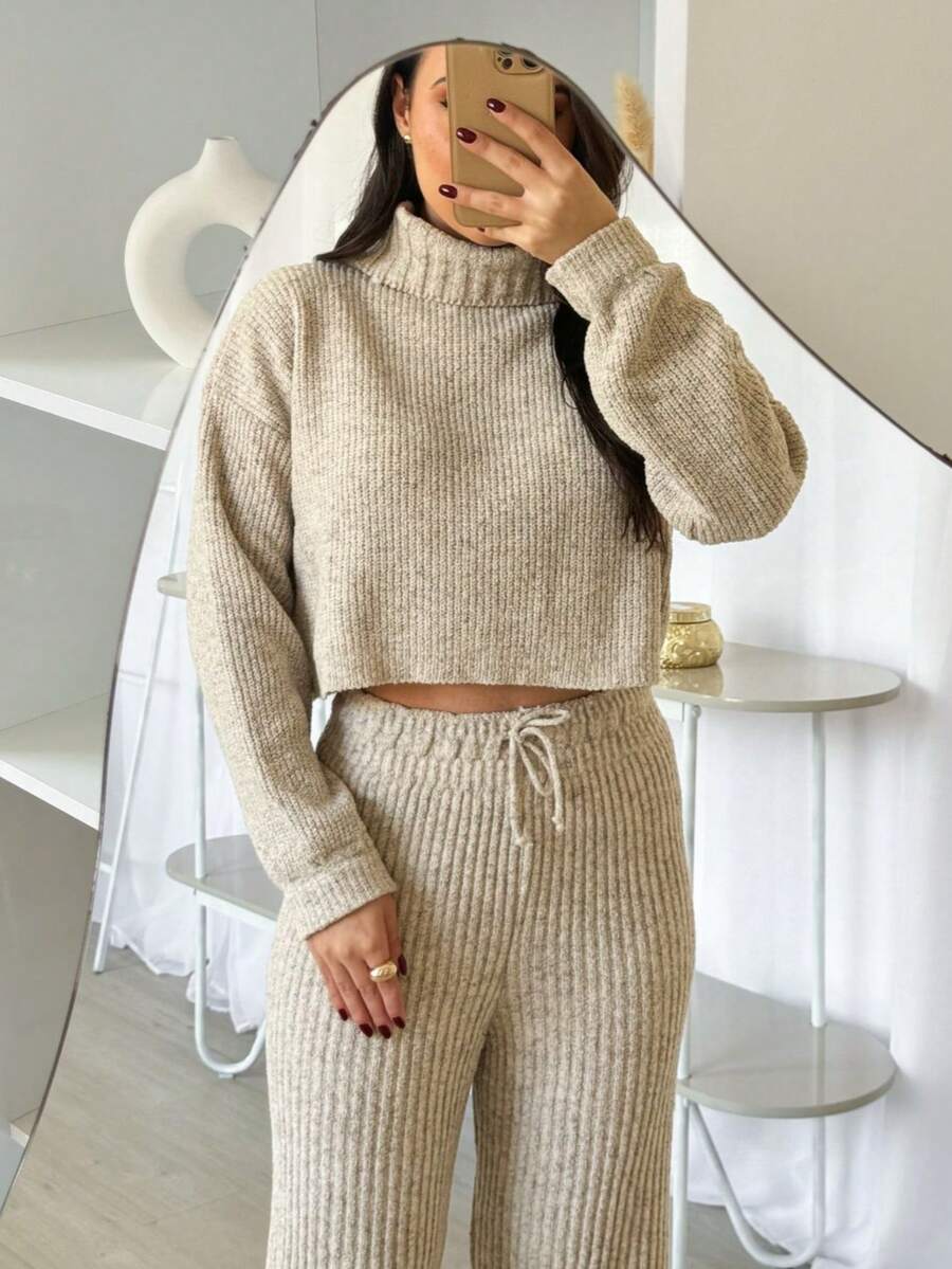 Mousse Tricot High Neck Pant Set - 米色 - 查看 1
