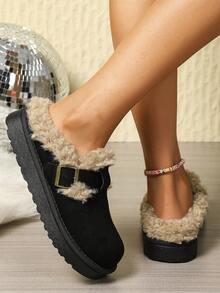 1 par de pantuflas estilo bohemio de unicolor, casuales, neutras, tipo universitario y para ir a la escuela, con adorno de tela y piel sintética, aptas para usar dentro y fuera, para el invierno