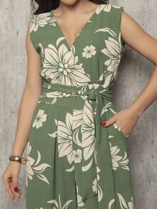 Women's Long Printed Jumpsuit With Belt And Pocket - 墨綠色 - 查看 6