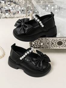 1 Pair Classic Black Flat Ballet Shoes With Bow, Comfortable & Fashionable Children Flat Shoes