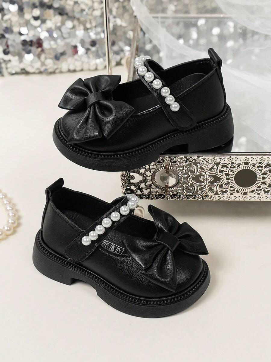 1 双经典黑色平底芭蕾舞鞋，带蝴蝶结，舒适时尚儿童平底鞋