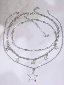 3pcs Gothic Style Hollow Star Pendant Necklace Set, Vintage Silver Color Star Necklace, Fashion Versatile Jewelry For Women - Silver - View 4
