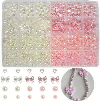 750 حبة بيضاء على شكل قلب وفيونكة من الأكريليك بأحجام مختلفة من 6 إلى 20 ملم للمجوهرات والأساور والقلادات والحرف اليدوية