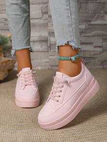 春秋时尚粉色厚底休闲圆头一脚蹬运动鞋，学院风