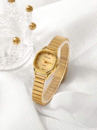 1 件个性化经典多边形金色女士椭圆形手表，竹表带小表盘，优雅简约，奢华时尚，女士石英表，适合日常佩戴、晚餐和任何其他场合