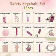 15pcs Keychain Accessories Set, Includes Decorated Bottle, Card Case, Pendant, Rhinestone Perfume Bottle, Heart-Shaped, Tassels, Solid Color Boho Style Car Accessories Bag Charm