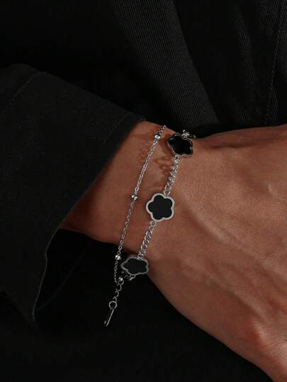 1pc Stainless Steel Men's Fashionable Five Leaf Clover Double-Layer Chain Bracelet For Daily Decoration
