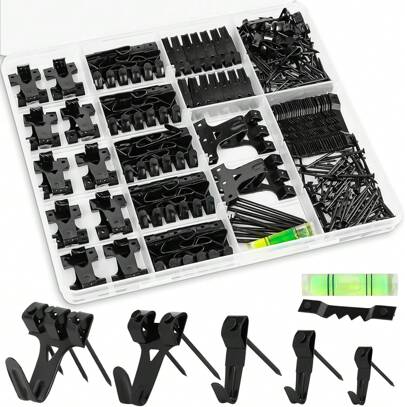 Picture Hanger, 385 Piece Picture Hanger Kit, With Heavy-Duty Picture Hooks, Serrations, Hardware Nails, And Picture Hanger Tools, Wall Mounted Hanger Frames, Paintings, Art, And Photos (Black)