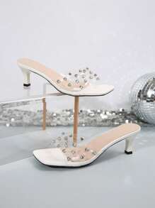 优雅方头纯色 PU 皮革女式礼服凉鞋，带水钻装饰，时尚商务休闲舒适高跟鞋，适合婚礼、派对、办公室、夏季